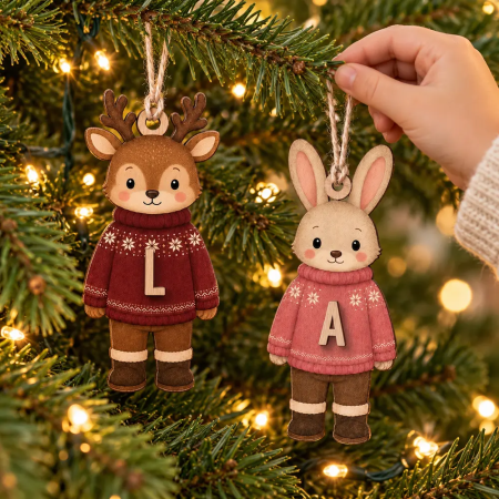 Adorno Navidad Conejo de Madera Personalizado con Inicial